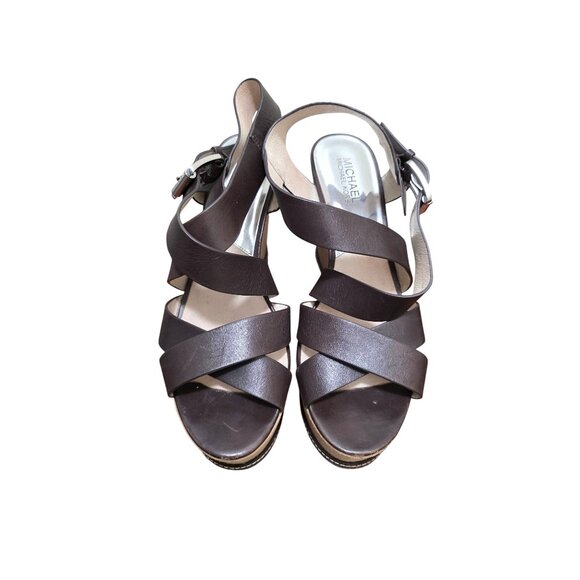 Michael Kors Brown Leather /Suede Strappy Platform Wedge Sandals Size 9 - Picture 1 of 8